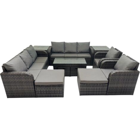 Fimous Rattan Garden Outdoor Furniture Set 3 Seater Sofa Reclining Chair Coffee Table with 4 Footstools 2 Side Tables Dark Grey Mixed