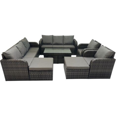 Fimous Rattan Garden Outdoor Furniture Set 3 Seater Sofa Reclining Chair Coffee Table with 4 Footstools Dark Grey Mixed