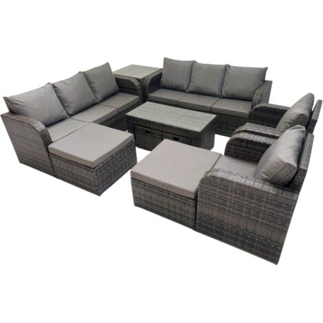 Fimous Rattan Garden Outdoor Furniture Set 3 Seater Sofa Reclining Chair Coffee Table with 4 Footstools Side Table Dark Grey Mixed