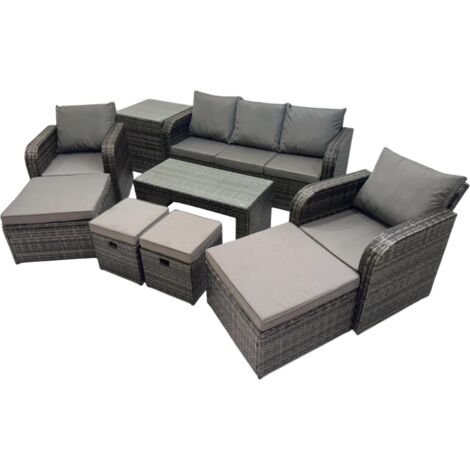Fimous Rattan Garden Outdoor Furniture Set 3 Seater Sofa Reclining Chair Coffee Table with Side Table 4 Footstools Dark Grey Mixed