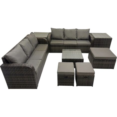 Fimous Rattan Garden Outdoor Furniture Set 3 Seater Sofa Square Coffee Table Set with 2 Side Tables 3 Stools Dark Grey Mixed