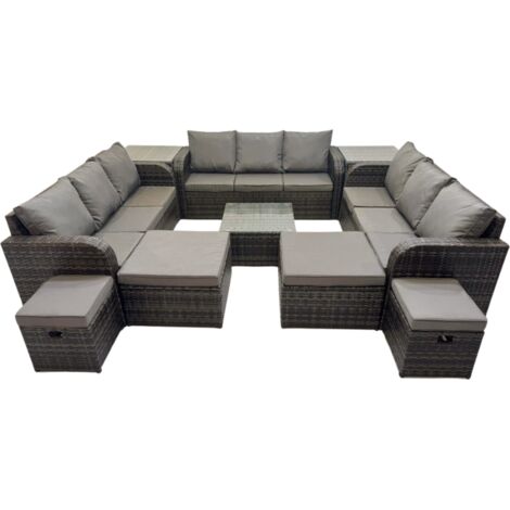 Fimous Rattan Garden Outdoor Furniture Set 3 Seater Sofa Square Coffee Table Set with 4 Stools 2 Side Table Dark Grey Mixed