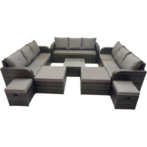 Fimous Rattan Garden Outdoor Furniture Set 3 Seater Sofa Square Coffee Table Set with 4 Stools Dark Grey Mixed