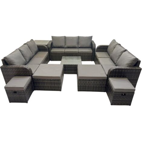 Fimous Rattan Garden Outdoor Furniture Set 3 Seater Sofa Square Coffee Table Set with 4 Stools Side Table Dark Grey Mixed