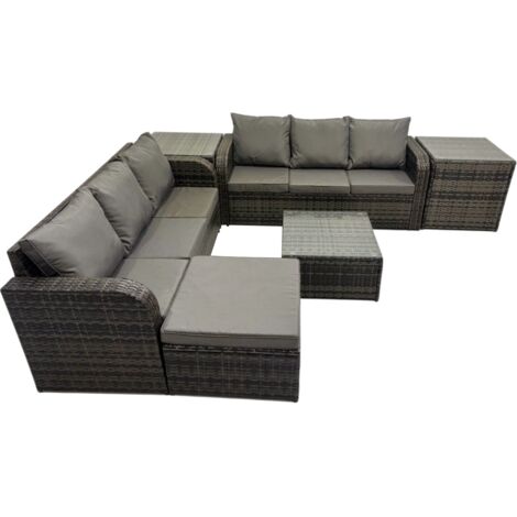 Fimous Rattan Garden Outdoor Furniture Set 3 Seater Sofa Square Coffee Table Set with Big Stool 2 Side Table Dark Grey Mixed