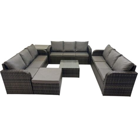 Fimous Rattan Garden Outdoor Furniture Set 3 Seater Sofa Square Coffee Table Set with Big Stool Side Table Dark Grey Mixed
