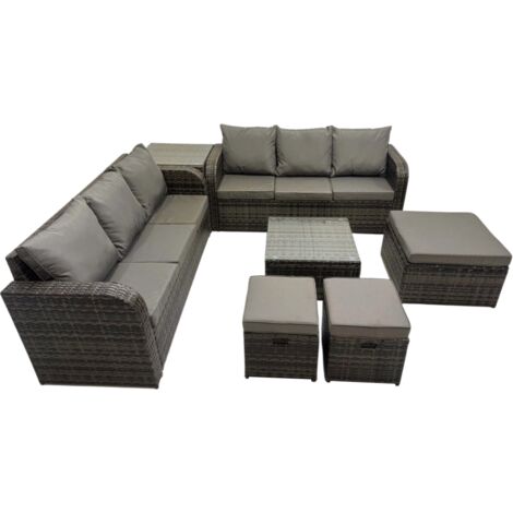Fimous Rattan Garden Outdoor Furniture Set 3 Seater Sofa Square Coffee Table Set with Side Table 3 Stools Dark Grey Mixed