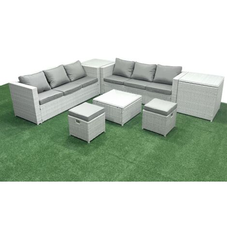 Fimous Rattan Garden Outdoor Furniture Set 8 Seater Rattan Garden Sofa Set with 2 Small Footstool 2 Side Tables Light Grey Mixed