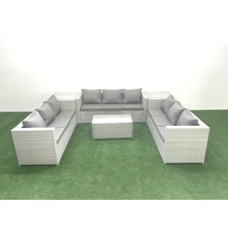 Fimous Rattan Garden Outdoor Furniture Set 9 Seater Garden Sofa Coffee Table Set with 2 Side Tables Light Grey Mixed