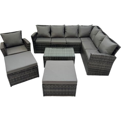 Fimous Rattan Garden Outdoor Furniture Set 9 Seater Garden Sofa Coffee Table Set with Chair 2 Big Footstools Dark Grey Mixed