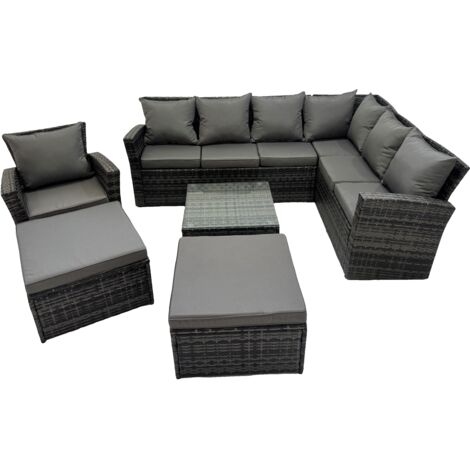 Fimous Rattan Garden Outdoor Furniture Set 9 Seater Garden Sofa Coffee Table Sets with Chair 2 Big Footstools Dark Grey Mixed