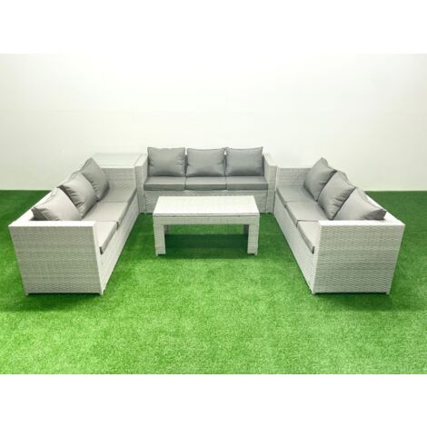Fimous Rattan Garden Outdoor Furniture Set 9 Seater Garden Sofa Oblong Coffee Table Set with Side Table Light Grey Mixed