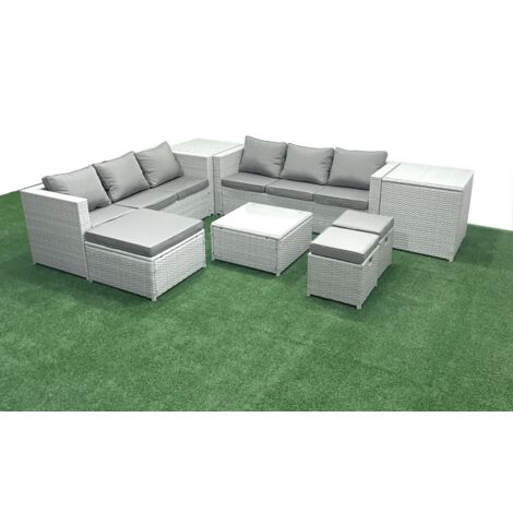 Fimous Rattan Garden Outdoor Furniture Set 9 Seater Rattan Garden Sofa Set with 3 Footstools 2 Side Tables Light Grey Mixed