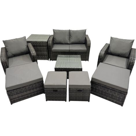 Fimous Rattan Garden Outdoor Furniture Set Love Sofa Reclining Chair Square Coffee Table Set with 4 Stools Side Table Dark Grey Mixed