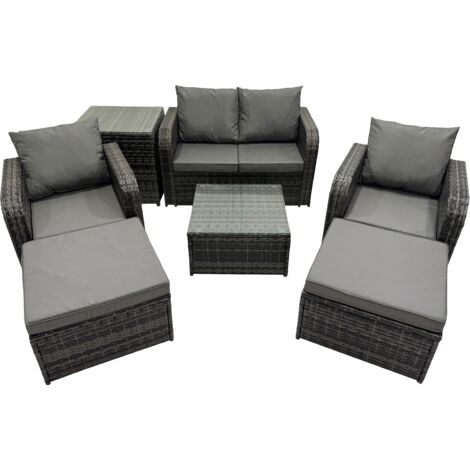 Fimous Rattan Garden Outdoor Furniture Set Love Sofa Reclining Chair Square Coffee Table Set with Side Table 2 Big Stool Dark Grey Mixed