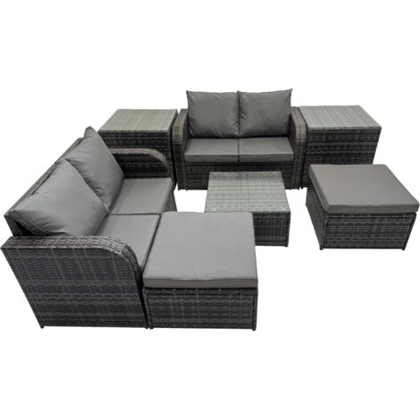 Fimous Rattan Garden Outdoor Furniture Set Love Sofa Square Coffee Table Set with 2 Side Table 2 Big Stools Dark Grey Mixed
