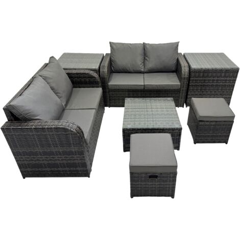 Fimous Rattan Garden Outdoor Furniture Set Love Sofa Square Coffee Table Set with 2 Side Tables 2 Small Stools Dark Grey Mixed