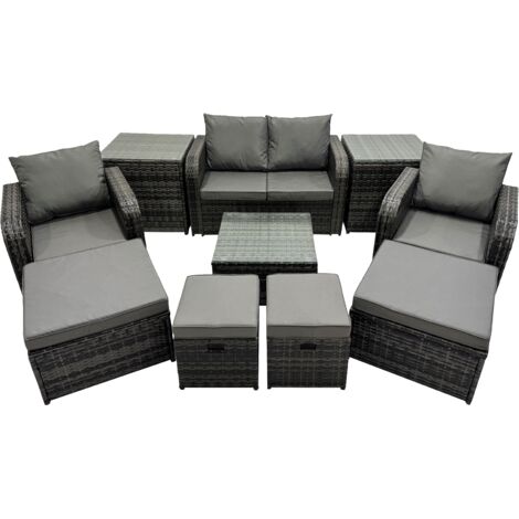 Fimous Rattan Garden Outdoor Furniture Set Love Sofa Square Coffee Table Set with 4 Stools 2 Side Table Dark Grey Mixed