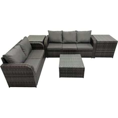 Fimous Rattan Garden Outdoor Furniture Set Love Sofa Square Coffee Table Sets with 2 Side Tables 2 Small Stools Dark Grey Mixed