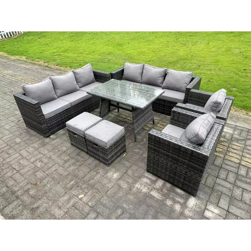 Image of Rattan Garden Outdoor Furniture Sofa Garden Dining Set with Patio Dining Table 2 Armchairs 2 Small Footstools 10 Seater Dark Grey Mixed - Fimous