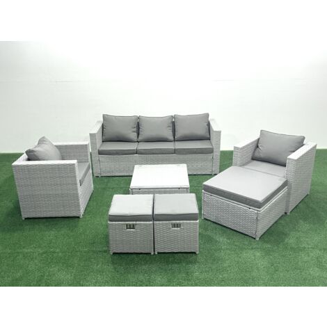Fimous Rattan Garden Outdoor Furniture Sofa Set with Square Coffee Table 2 Chairs 3 Footstools Light Grey Mixed