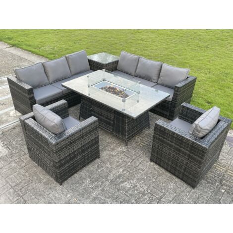 Fimous Rattan Garten Eckmöbel Gas Feuergrube Esstisch Gas Heizung Sets Lounge Stühle Beistelltisch Dunkelgrau 8 Sitzer