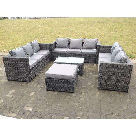 Fimous Rattan Garten Möbel Lounge Sofa im Freien mit länglichem Couchtisch mit großem Fußhocker