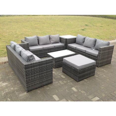 Fimous Rattan Garten Möbel Lounge Sofa Set im Freien mit länglichem Couchtisch und seitlichem hohen Tisch mit großem Fußhocker