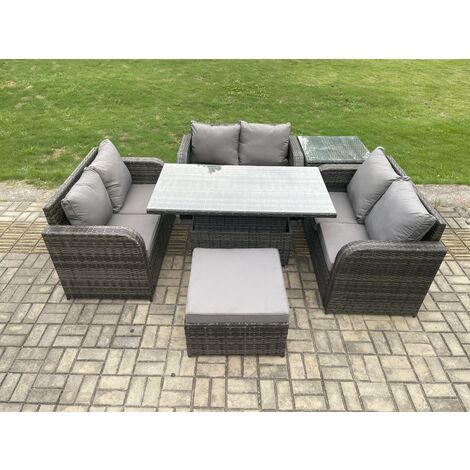Fimous Rattan Garten Outdoor Möbel Set Patio Einstellbarer Aufsteigenderr Esstisch mit Beistelltisch Großer Fußhocker
