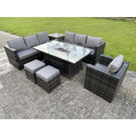 Fimous Rattan Gartenecke Möbel Gas Feuergrube Tisch Sets Gas Heizung Lounge Stuhl Kleiner Fußhocker Dunkelgrau 9 Sitzer