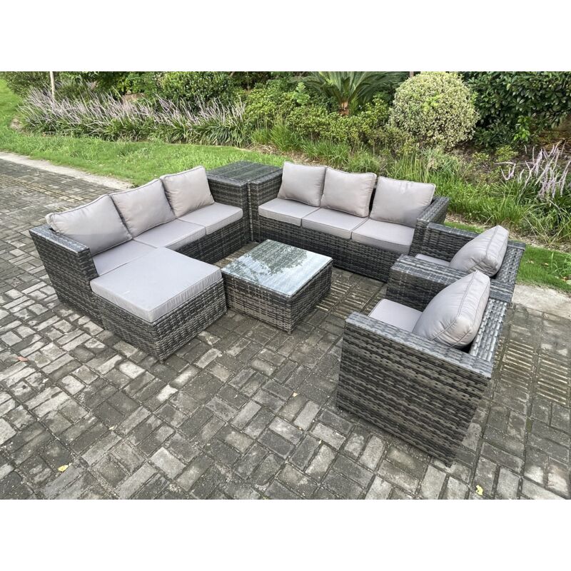 Salon de jardin en rotin 9 places avec 2 Fauteuils Tables d'appoint Table basse carrée grand tabouret Mélange gris foncé - Fimous