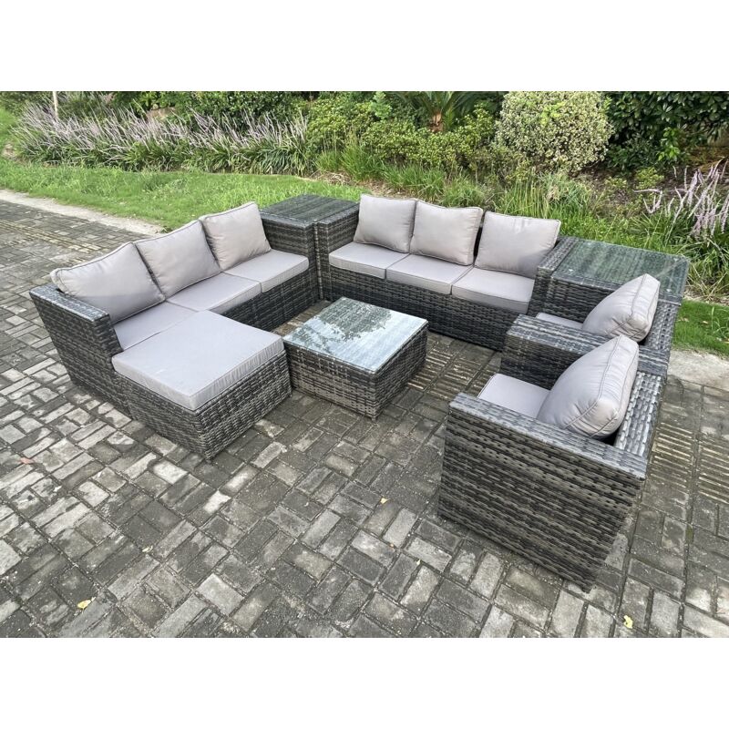 Mobilier de jardin extérieur en rotin avec 2 Fauteuils Table basse carrée Tables d'appoint grand tabouret Tables d'appoint 9 places Mélange gris