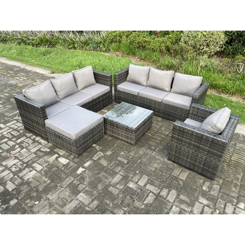 Mobilier de jardin extérieur en rotin avec Fauteuil Table basse carrée grand tabouret 8 places Mélange gris foncé - Fimous