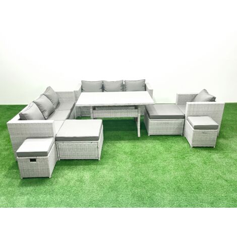 Fimous Rattan Gartenmöbel Essgarnitur 11 Sitzer Lounge Sofa Stuhl Esstisch Set mit 4 Hockern Hellgrau gemischt