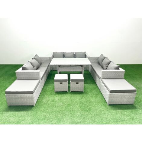 Fimous Rattan Gartenmöbel Essgarnitur 13 Sitzer Sofa Esstisch Set mit 4 Hockern Hellgrau gemischt