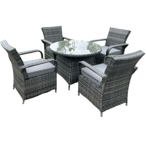 Fimous Rattan Gartenmöbel Essplatz Tisch und Stuhl Set Wicker Patio 4 Stühle Plus Runde Klar Gehärtetes Glas Tisch