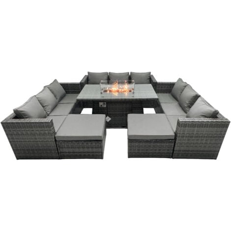 Fimous Rattan-Gartenmöbel Firepit Set Outdoor 11-Sitzer Esstisch Set mit Glasplatte