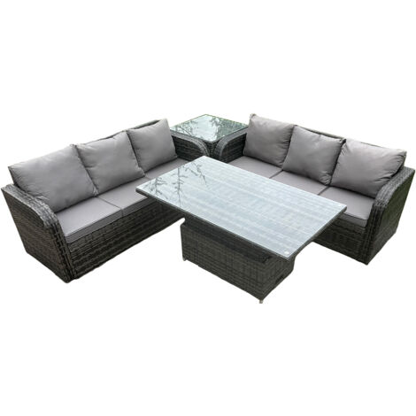 Fimous Rattan Gartenmöbel Lounge Sofa Set im Freien mit höhenverstellbarem aufsteigendem Esstisch Dunkelgrau gemischt