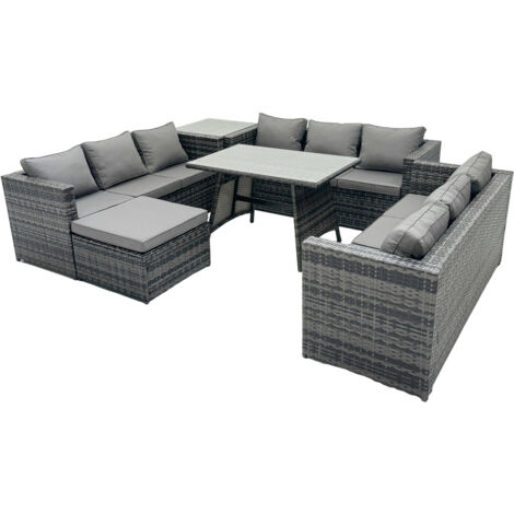 Fimous Rattan Gartenmöbel Lounge Sofa Set mit Rechteckiger Esstisch Couchtisch und 2 Großer Hockern