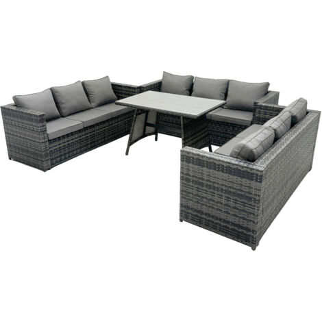 Fimous Rattan Gartenmöbel Lounge Sofa Set mit Rechteckiger Esstisch mit Gehärtetes Klarglas
