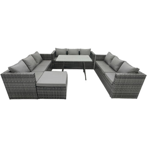 Fimous Rattan Gartenmöbel Lounge Sofa Set mit Rechteckiger Esstisch mit Gehärtetes Klarglas und 2 Großer Hockern