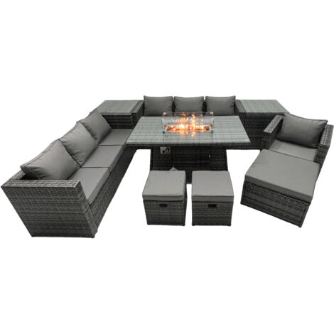 Fimous Rattan Gartenmöbel Set 10-Sitzer Garten Sofa Gas Feuertisch Set mit 2 Beistelltisch 3 Hockern