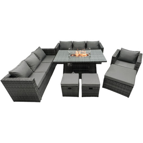 Fimous Rattan Gartenmöbel Set 10-Sitzer Garten Sofa Gas Feuertisch Set mit 3 Hockern