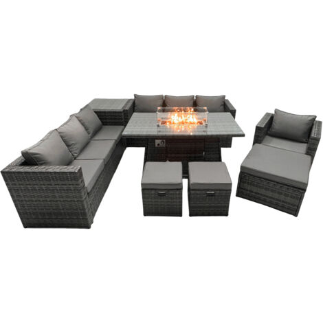 Fimous Rattan Gartenmöbel Set 10-Sitzer Garten Sofa Gas Feuertisch Set mit Beistelltisch 3 Hockern