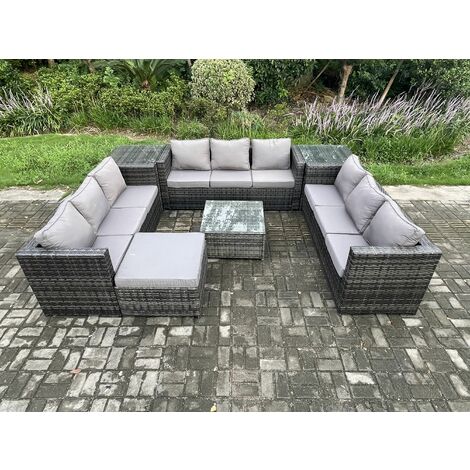Fimous Rattan Gartenmöbel Set 10-Sitzer Patio Lounge Sofa Set mit 2-Beistelltischen Quadratischer Couchtisch Großer Fußhocker Dunkelgrau Gemischt