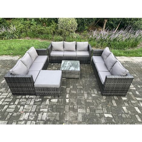 Fimous Rattan Gartenmöbel Set 10-Sitzer Patio Lounge Sofa Set mit quadratischem Couchtisch Großer Fußhocker Dunkelgrau Gemischt