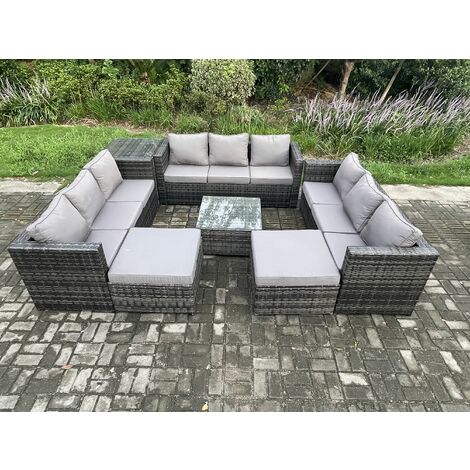 Fimous Rattan Gartenmöbel Set 11-Sitzer Patio Lounge Sofa Set mit Beistelltisch Quadratischer Couchtisch 2 Großer Fußhocker Dunkelgrau Gemischt
