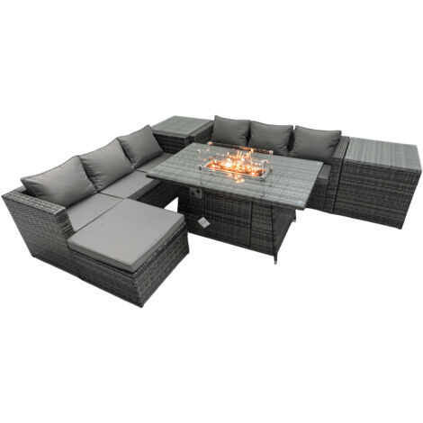 Fimous Rattan Gartenmöbel Set 6-Sitzer Garten Sofa Gas Feuertisch Set mit 2 Beistelltischen Fußhocker