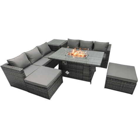 Fimous Rattan Gartenmöbel Set 6-Sitzer Garten Sofa Gas Feuertisch Set mit Beistelltischen 2 Hockern