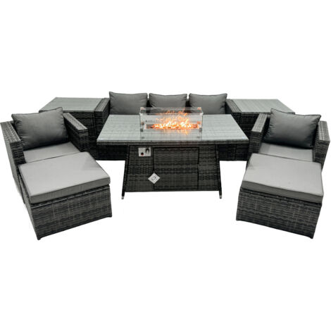 Fimous Rattan Gartenmöbel Set 7-Sitzer Garten Sofa Gas Feuertisch Set mit 2 Beistelltisch 2 hohen Hockern